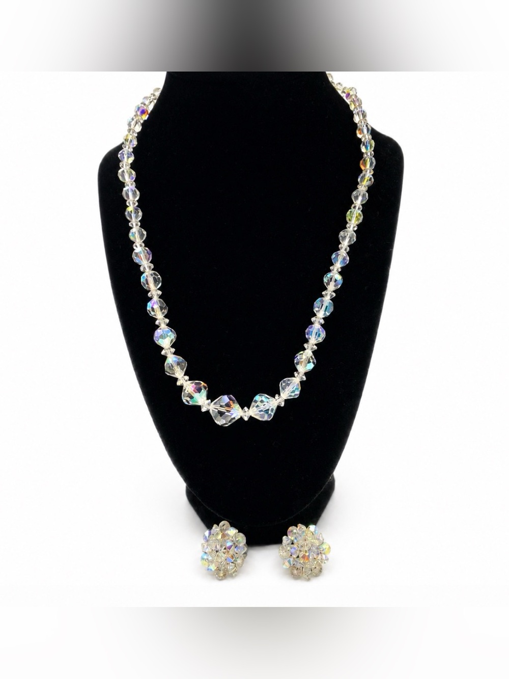 Aurora Borealis AB Single Strand Faceted Crystal Glass Choker Necklace Earrings